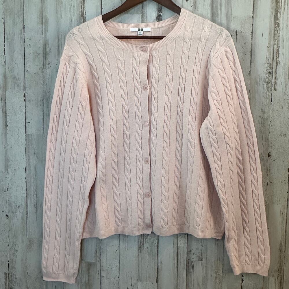 Uniqlo Cotton Blend Cable Crew Neck Cardigan XXL Pink Soft Girl Preppy Cozy EUC